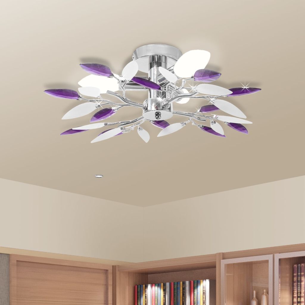 Plafondlamp witte en paarse acryl kristal bladeren 3xE14 - Griffin Retail