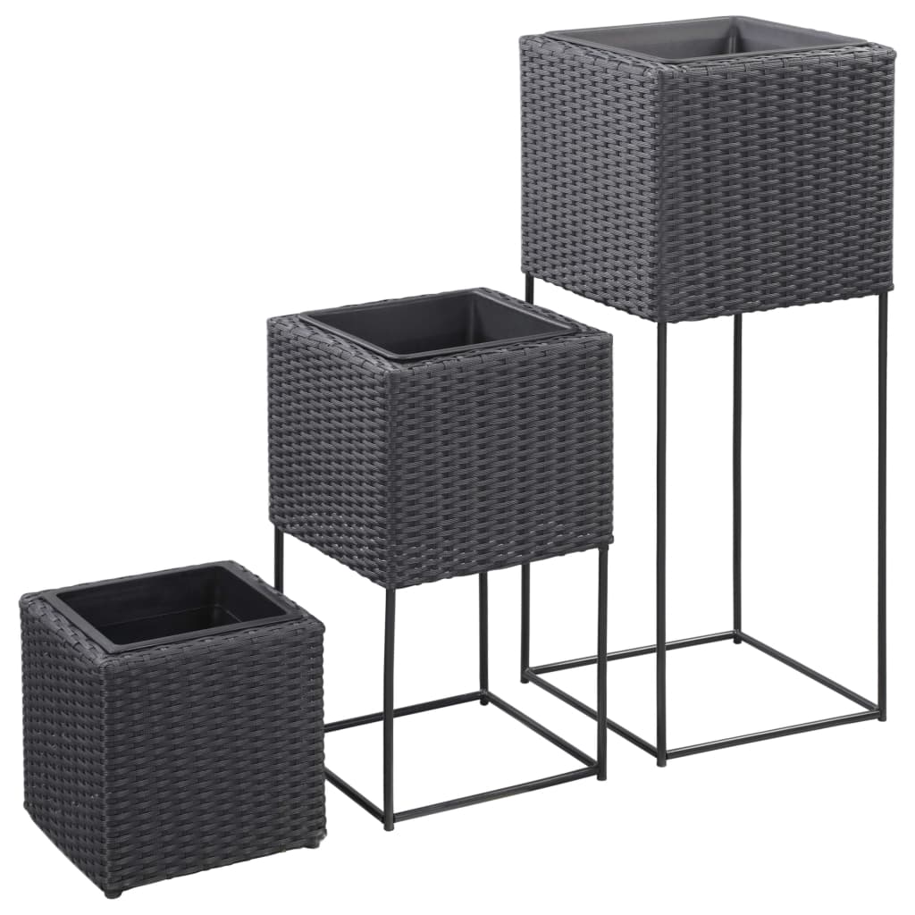 Plantenbakken verhoogd 3 st poly rattan zwart - Griffin Retail