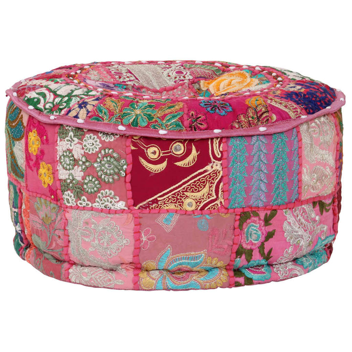 Poef patchwork rond handgemaakt 40x20 cm katoen roze - Griffin Retail