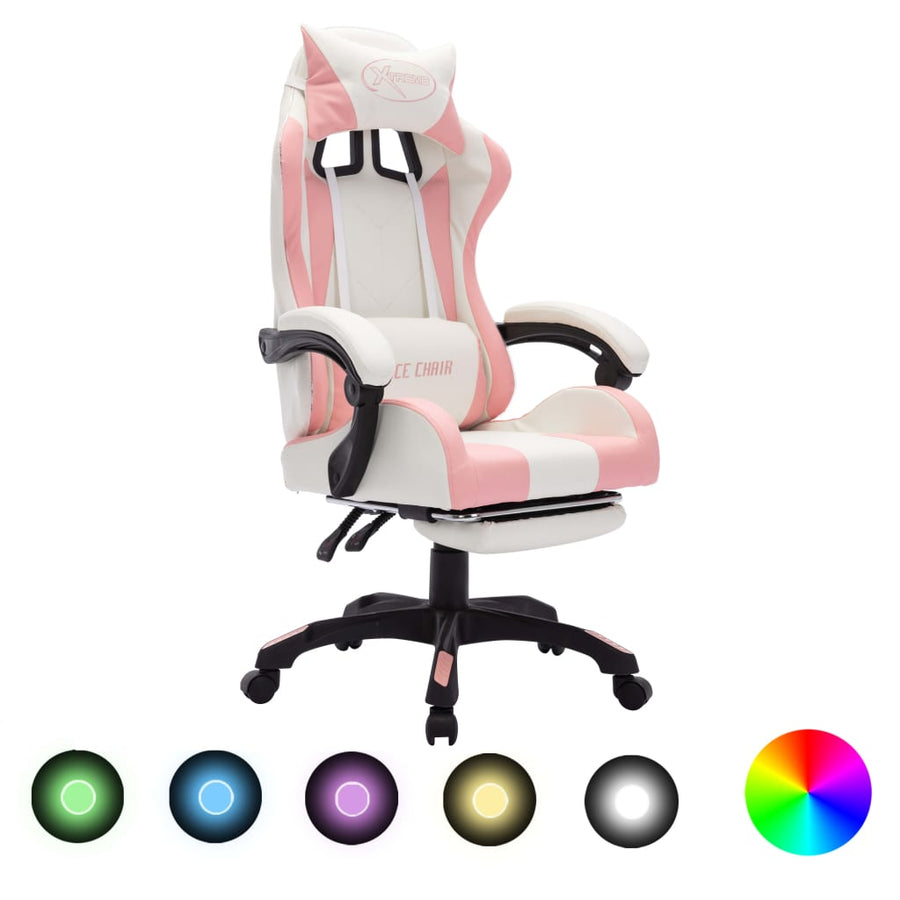 Racestoel met RGB LED-verlichting kunstleer roze en wit - Griffin Retail