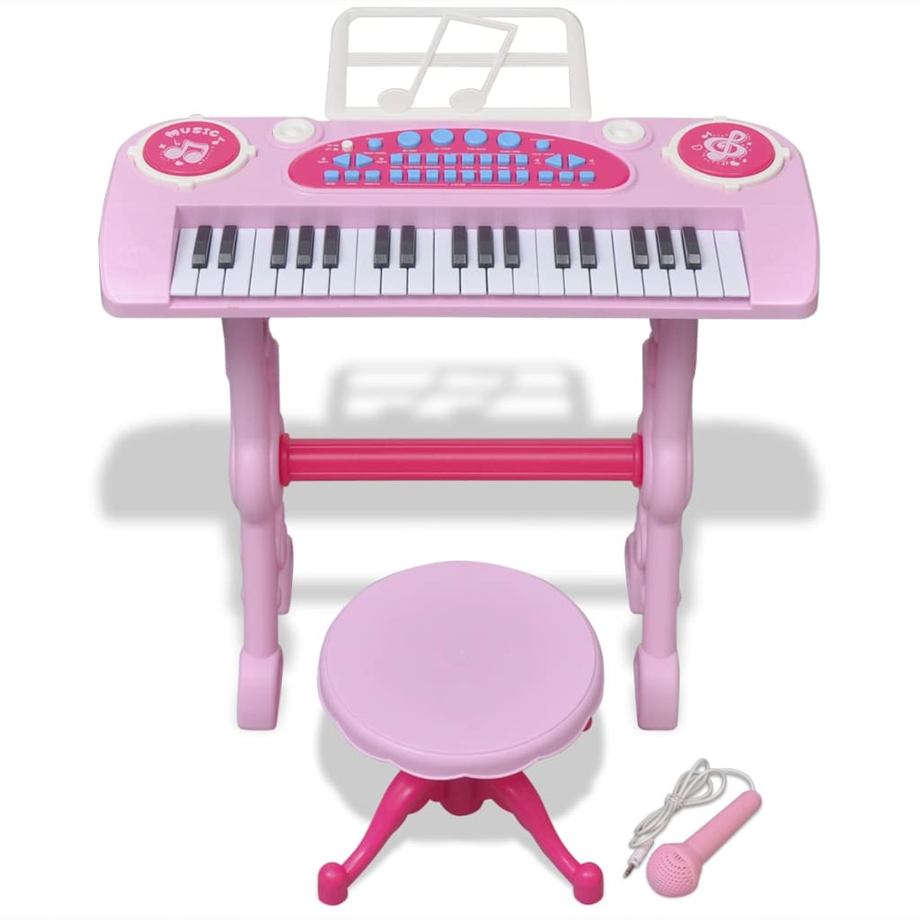 Speelgoedkeyboard met krukje/microfoon en 37 toetsen roze - Griffin Retail