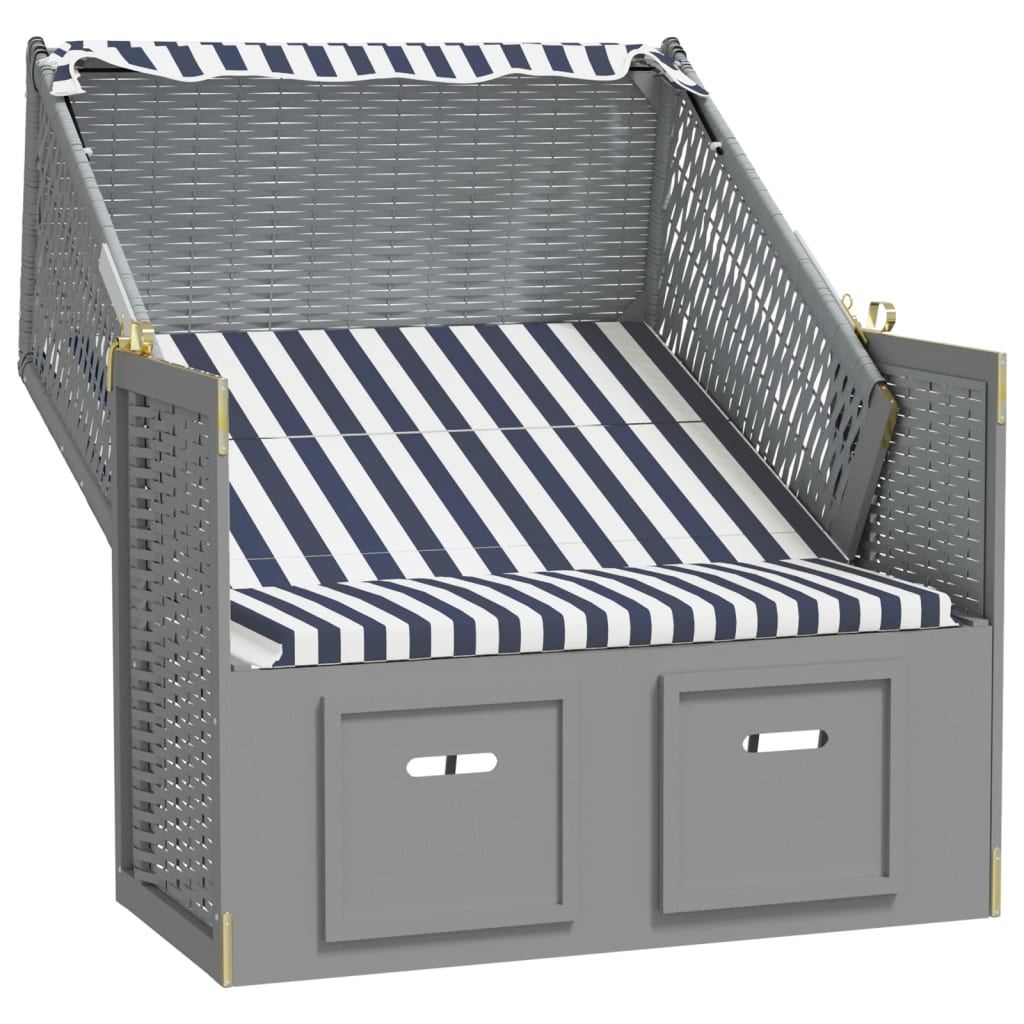 Strandstoel met luifel poly rattan en massief hout blauw en wit - Griffin Retail