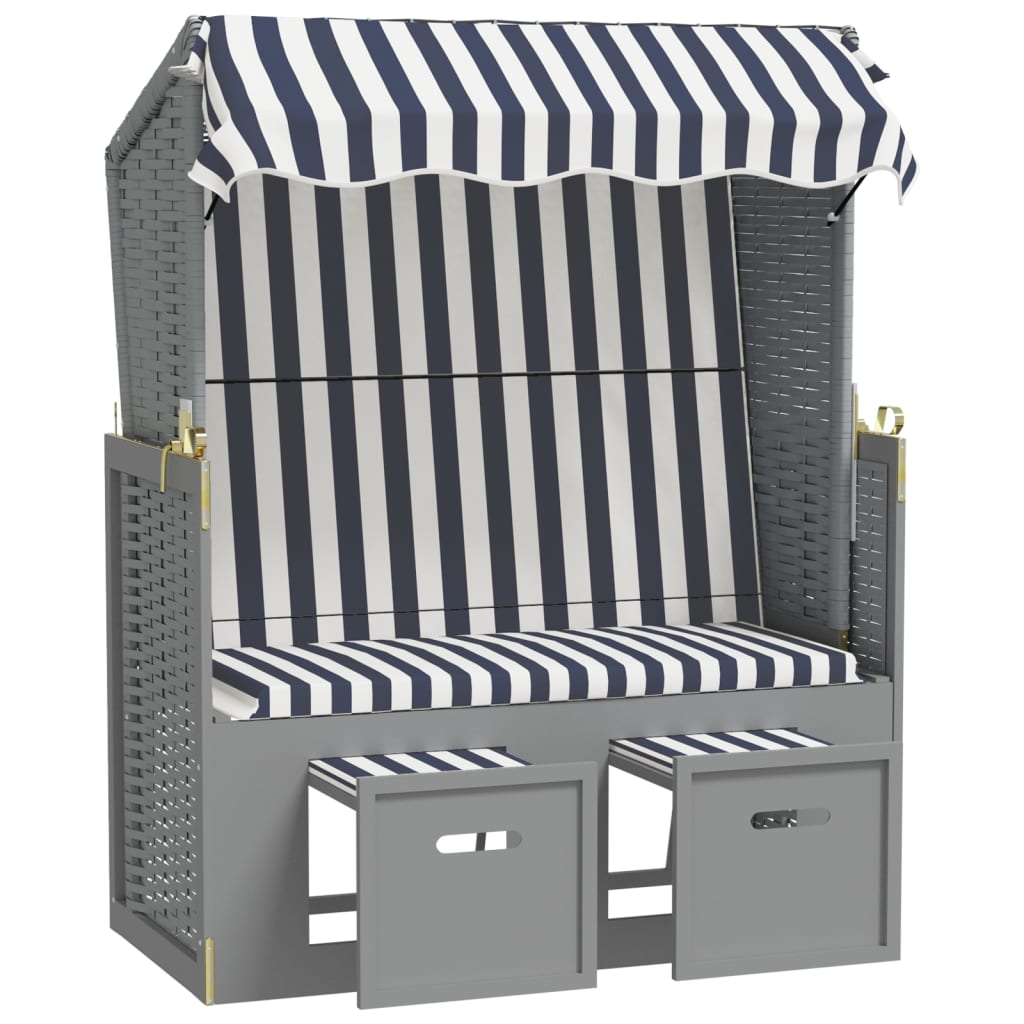 Strandstoel met luifel poly rattan en massief hout blauw en wit - Griffin Retail