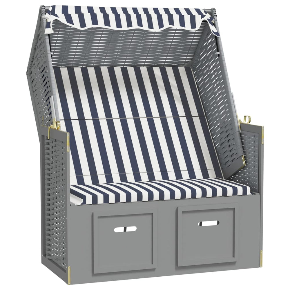 Strandstoel met luifel poly rattan en massief hout blauw en wit - Griffin Retail