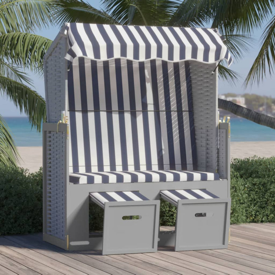 Strandstoel met luifel poly rattan en massief hout blauw en wit - Griffin Retail