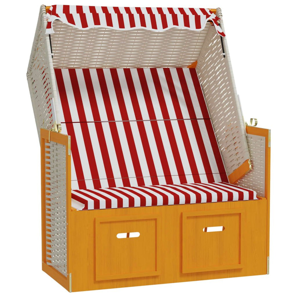 Strandstoel met luifel poly rattan en massief hout rood en wit - Griffin Retail
